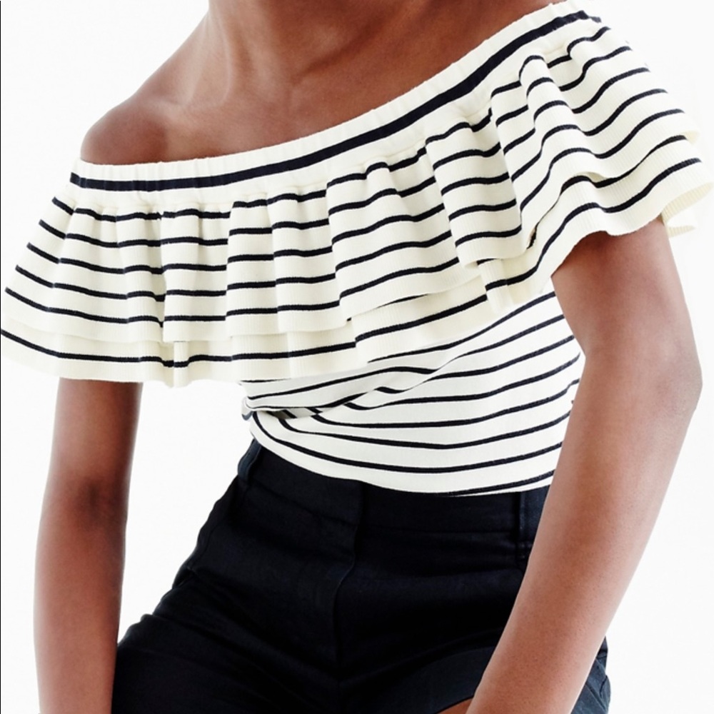 J Crew Lightweight Off Shoulder Ruffle Sweater